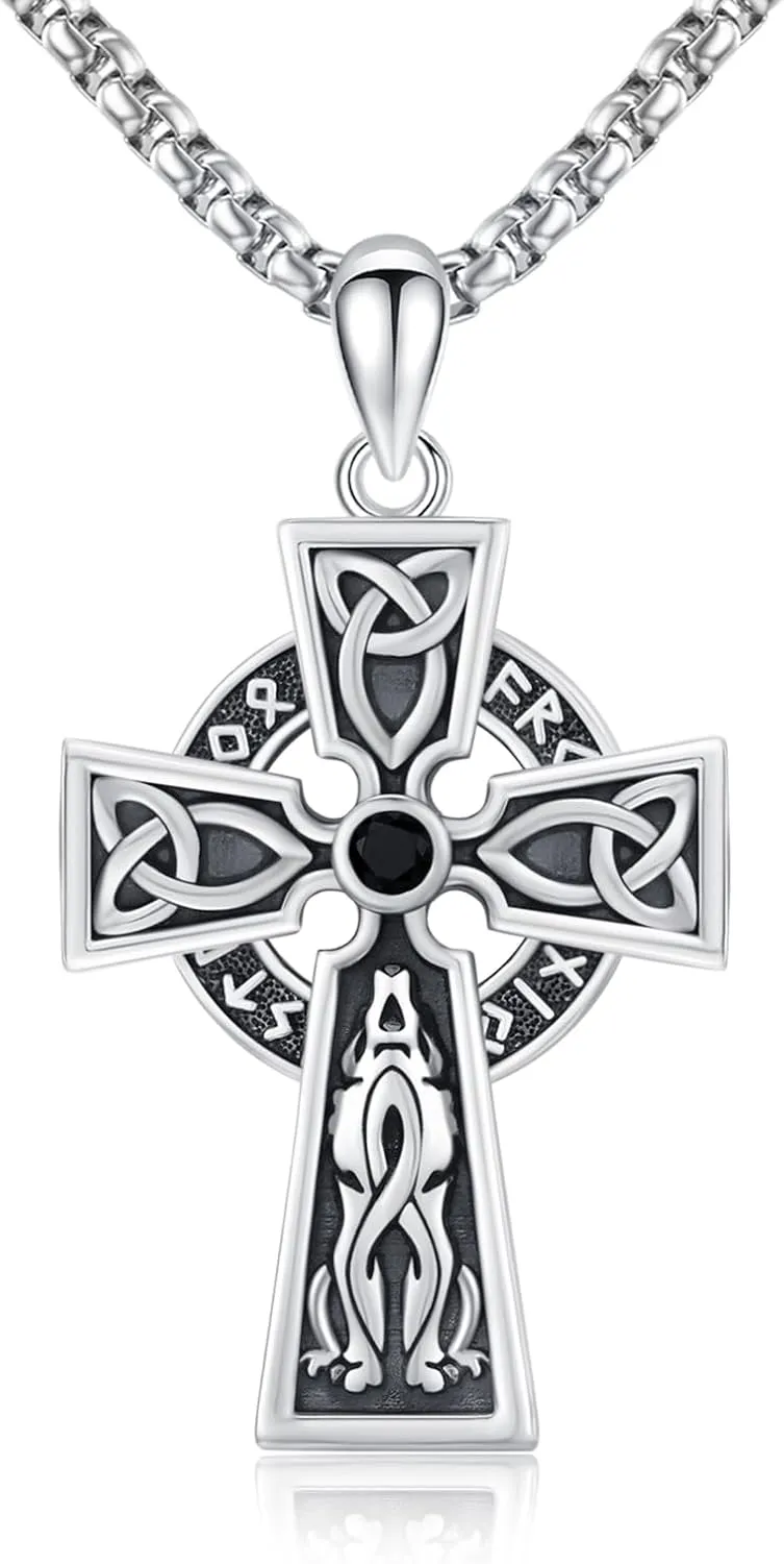 Viking Cross Necklaces Sterling Silver Viking Wolf Pendant Necklace Celtic Cross Necklace Irish Jewelry Birthday Christmas Gift for Women Man