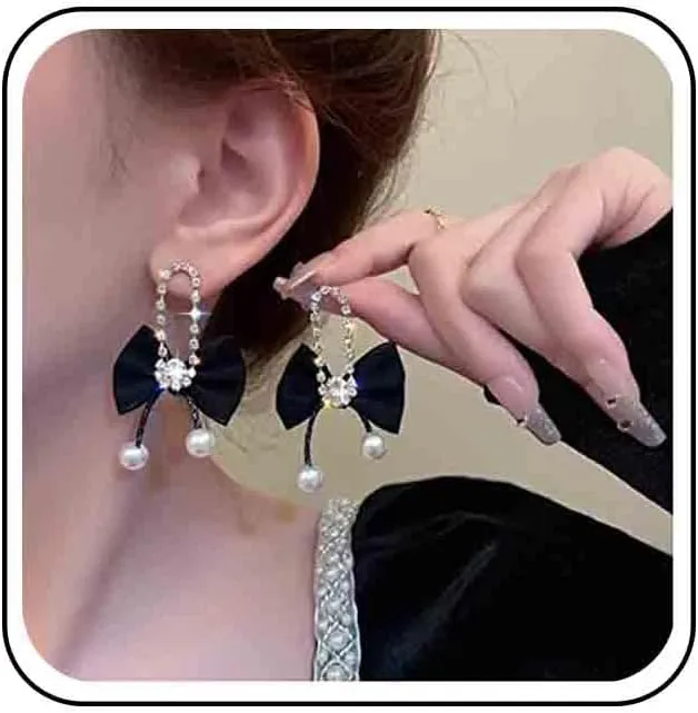 Vintage Black Ribbon Bow Dangle Earrings Crystal Bow Tie Drop Earrings Rhinestone Pearl Earrings Black Cz Bowkont Stud Earrings Jewelry for Women