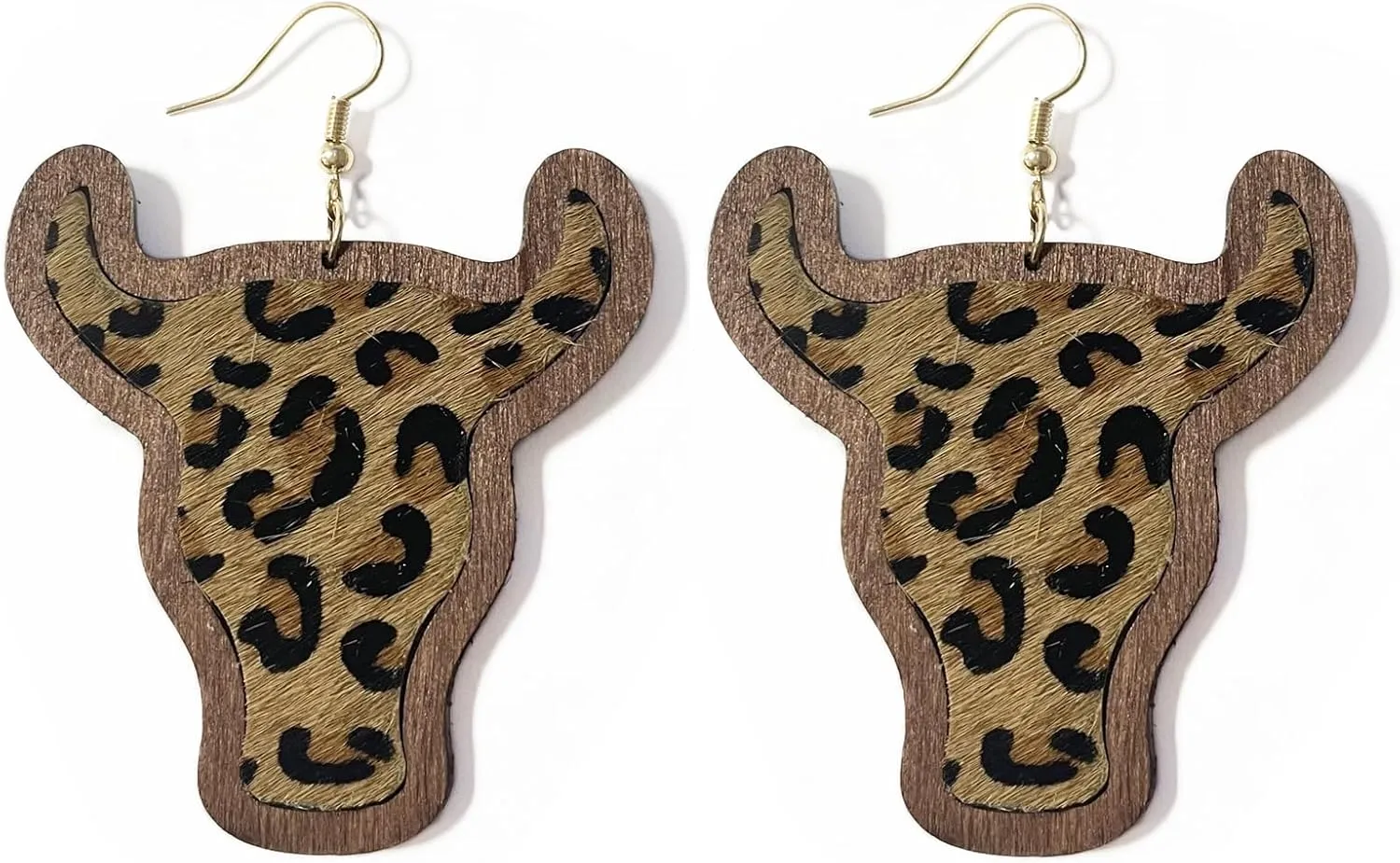 Vintage Boho Cow Head Dangle Drop Earrings Handmade Wooden Cattle Cow Animal Farm Country Earrings Ethnic Sunflower Print Western Style Jewelry for Women Gift