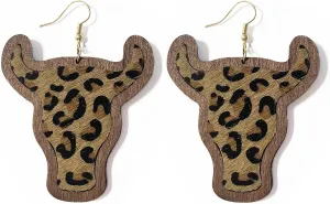 Vintage Boho Cow Head Dangle Drop Earrings Handmade Wooden Cattle Cow Animal Farm Country Earrings Ethnic Sunflower Print Western Style Jewelry for Women Gift