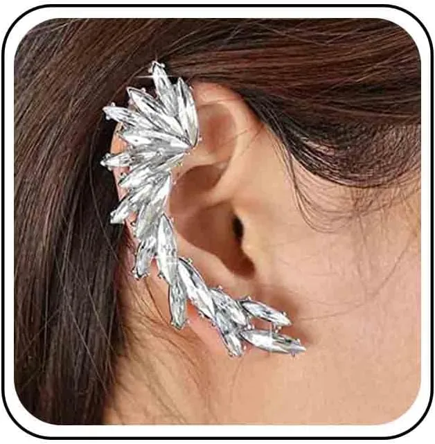 Vintage Crystal Leaf Ear Cuff Earrings - Rhinestone Climber, Boho CZ Wrap, Gold Sparkly Clip On Jewelry for Women