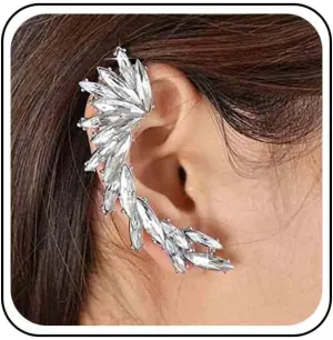 Vintage Crystal Leaf Ear Cuff Earrings - Rhinestone Climber, Boho CZ Wrap, Gold Sparkly Clip On Jewelry for Women