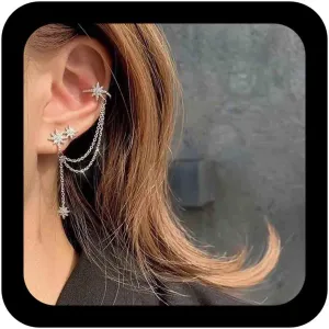 Vintage Crystal North Star Earrings Star Chain Ear Cuff Dangle Earrings Rhinestone Star Dangle Earrings CZ Silver Star Chain Drop Earrings Jewelry