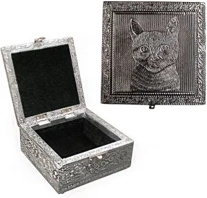 Vintage Jewelry Box Case | 9 Styles | Bronze or Silver Metallic Metal Plating with Floral Accent Designs | Perfect for Earrings Necklaces and Rings (Silver Cat)