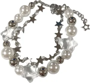 Vintage Punk Y2k Star Pearl Double Layer Beaded Chain Lightweight Bracelet Aesthetic Accessories Grunge Cool Couple Friendship Jewelry for Women