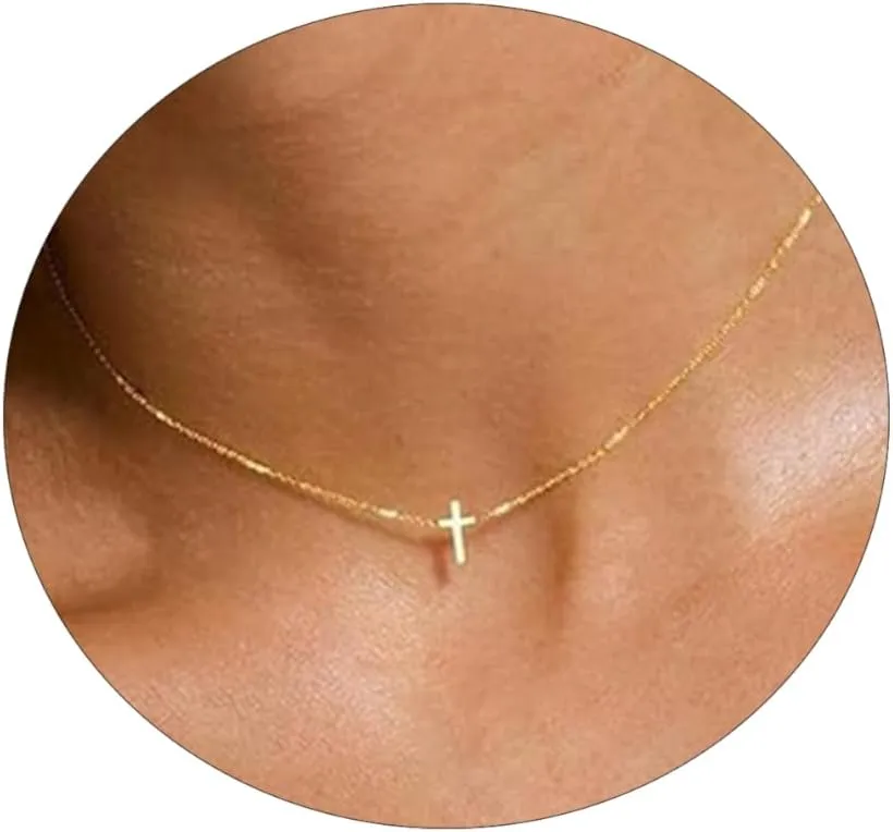 VIROMY Gold Cross Necklace for Women 14K Gold Plated Cute Sidways Cross Pendant Choker Necklaces Simple Trendy Everyday Jewelry for Women