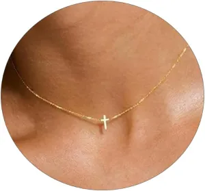VIROMY Gold Cross Necklace for Women 14K Gold Plated Cute Sidways Cross Pendant Choker Necklaces Simple Trendy Everyday Jewelry for Women