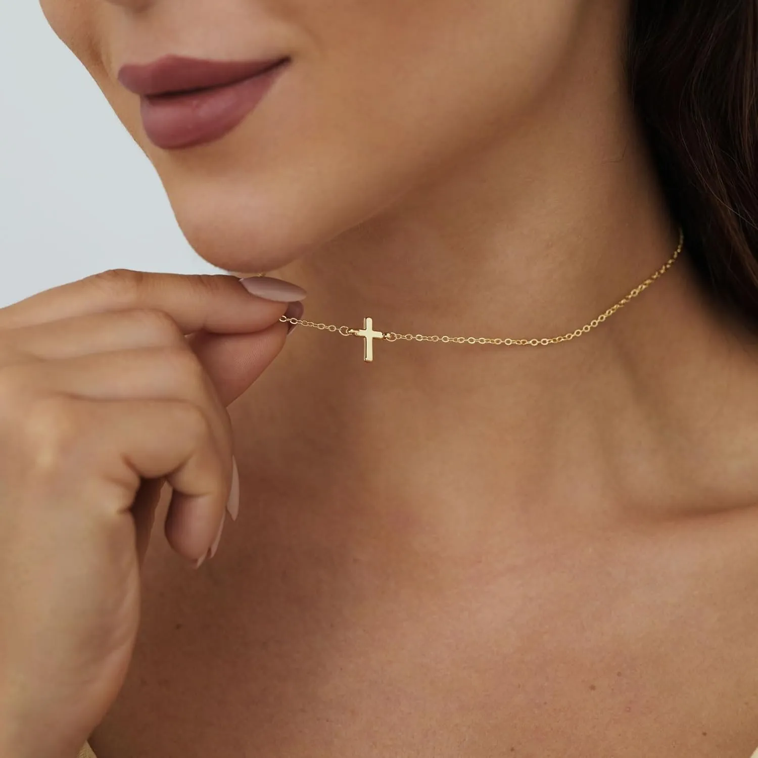 VIROMY Gold Cross Necklace for Women 14K Gold Plated Cute Sidways Cross Pendant Choker Necklaces Simple Trendy Everyday Jewelry for Women