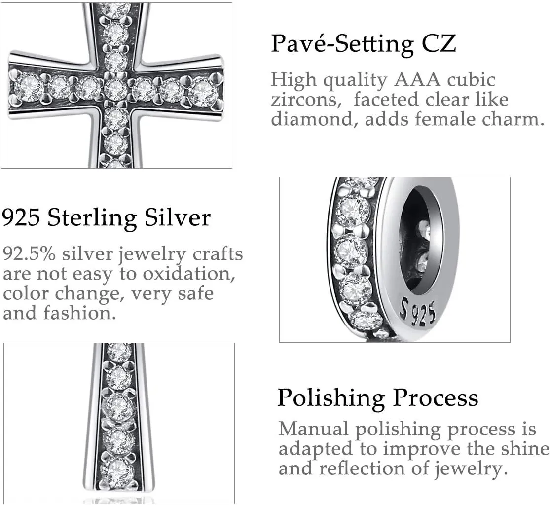 Vito 925 Sterling Silver Cross Charms Bead for Women, Vintage European Religion God Beads for European Bracelets Diy Jewelry Gift