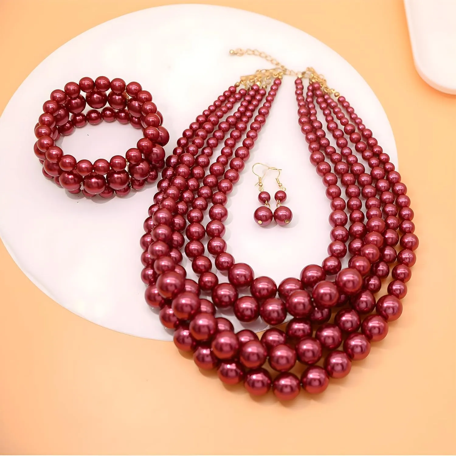 We We Imitation Pearl Necklace for Women Large Chunky Pearl Necklaces Multilayer Pearl Necklace and Earring 1920s Costume Jewelry set