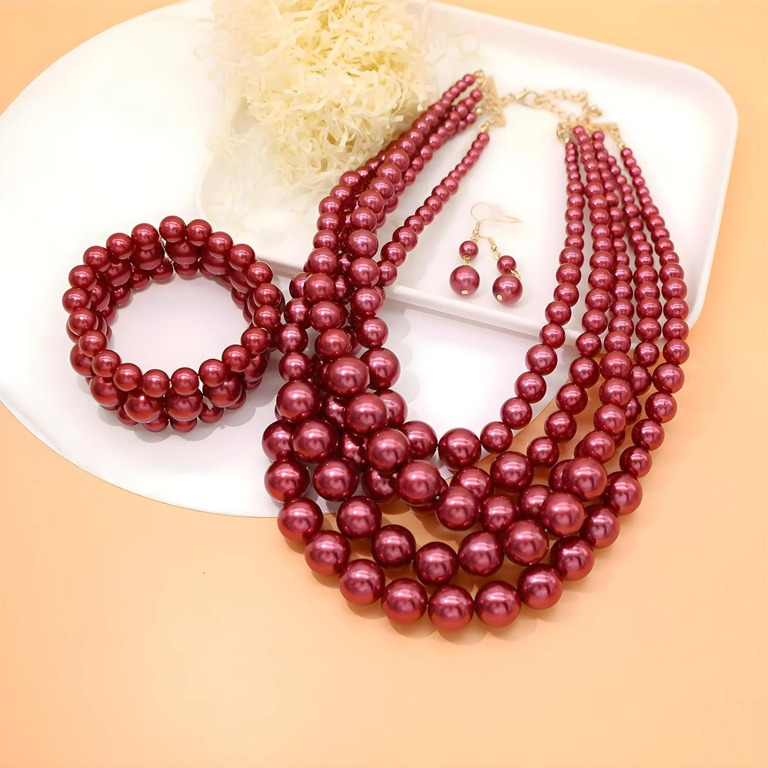 We We Imitation Pearl Necklace for Women Large Chunky Pearl Necklaces Multilayer Pearl Necklace and Earring 1920s Costume Jewelry set
