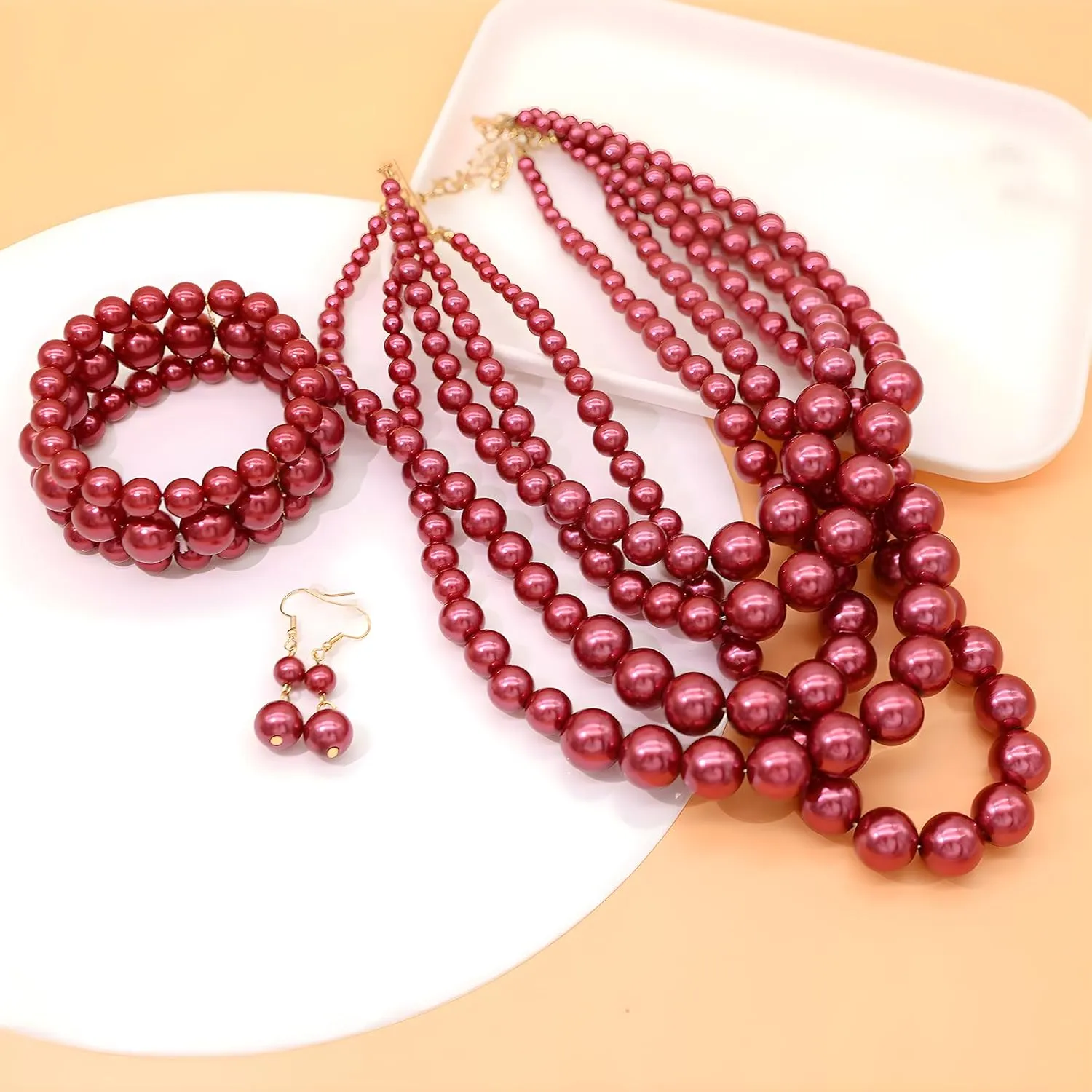 We We Imitation Pearl Necklace for Women Large Chunky Pearl Necklaces Multilayer Pearl Necklace and Earring 1920s Costume Jewelry set