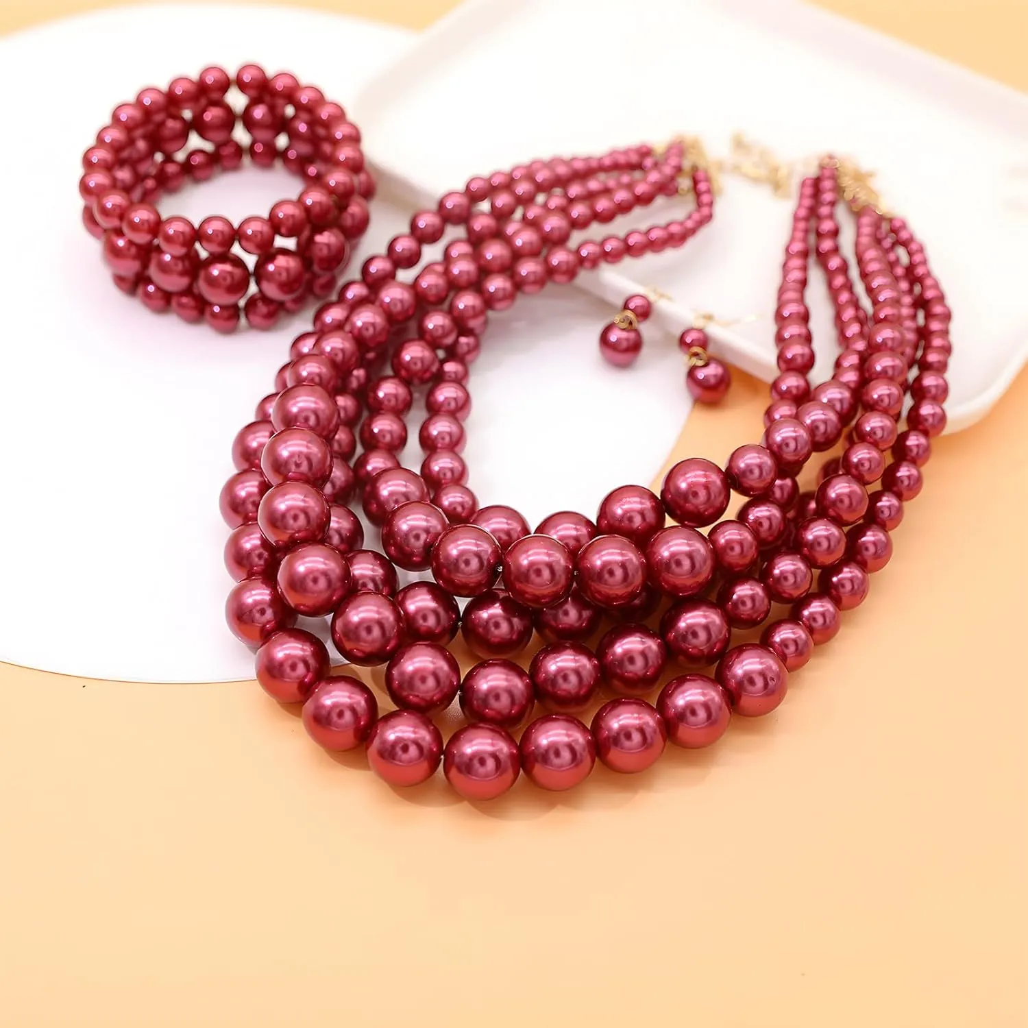 We We Imitation Pearl Necklace for Women Large Chunky Pearl Necklaces Multilayer Pearl Necklace and Earring 1920s Costume Jewelry set