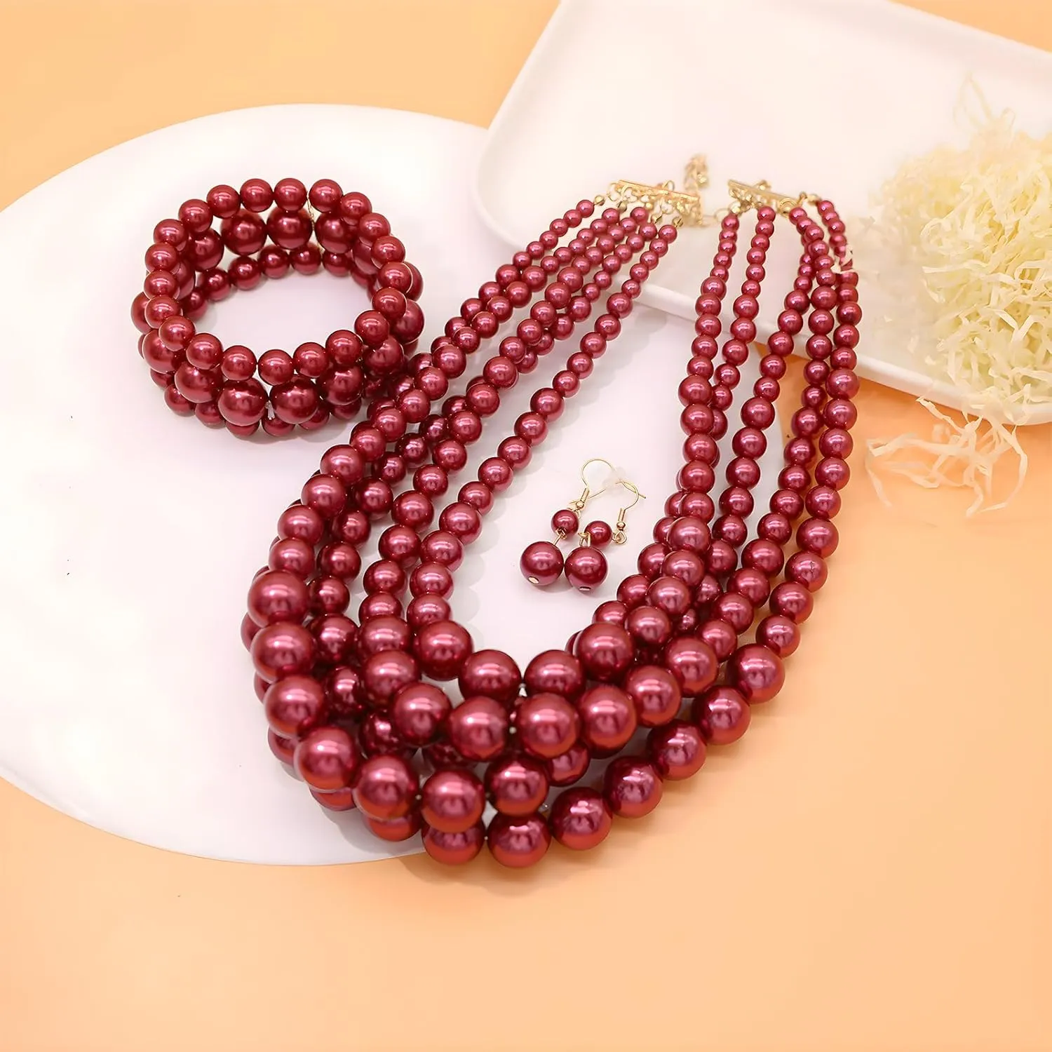 We We Imitation Pearl Necklace for Women Large Chunky Pearl Necklaces Multilayer Pearl Necklace and Earring 1920s Costume Jewelry set