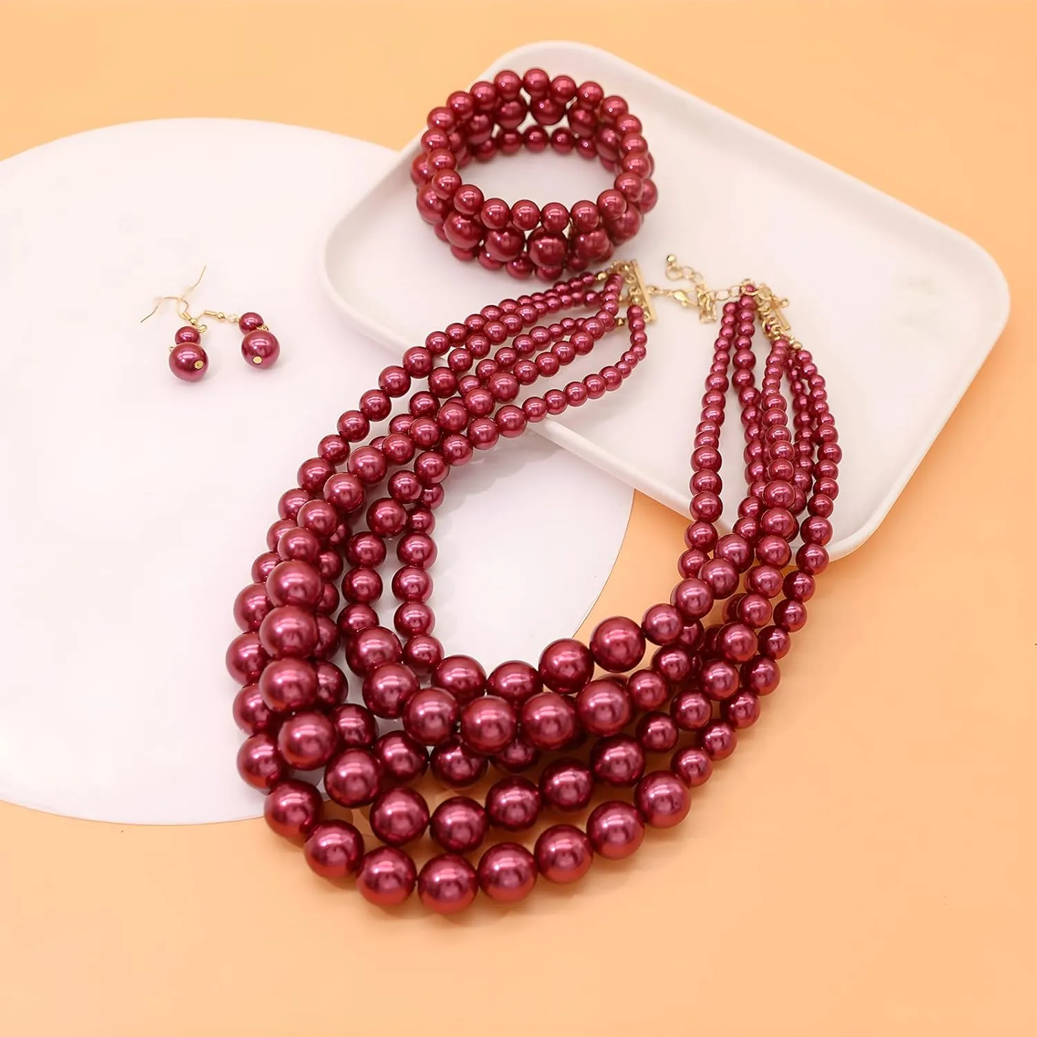 We We Imitation Pearl Necklace for Women Large Chunky Pearl Necklaces Multilayer Pearl Necklace and Earring 1920s Costume Jewelry set