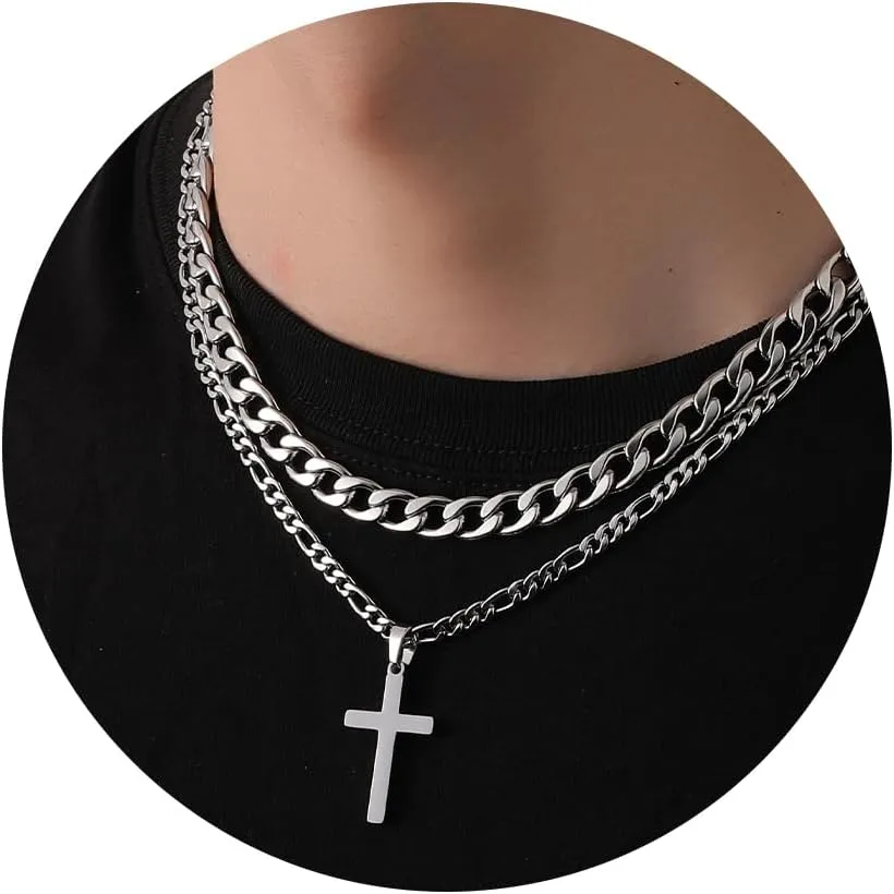 WEDDINEN Cross Necklace for Men Boys, Stainless Steel Layered Cross Pendant Cuban/Figaro Chains Christmas Jewelry Gifts