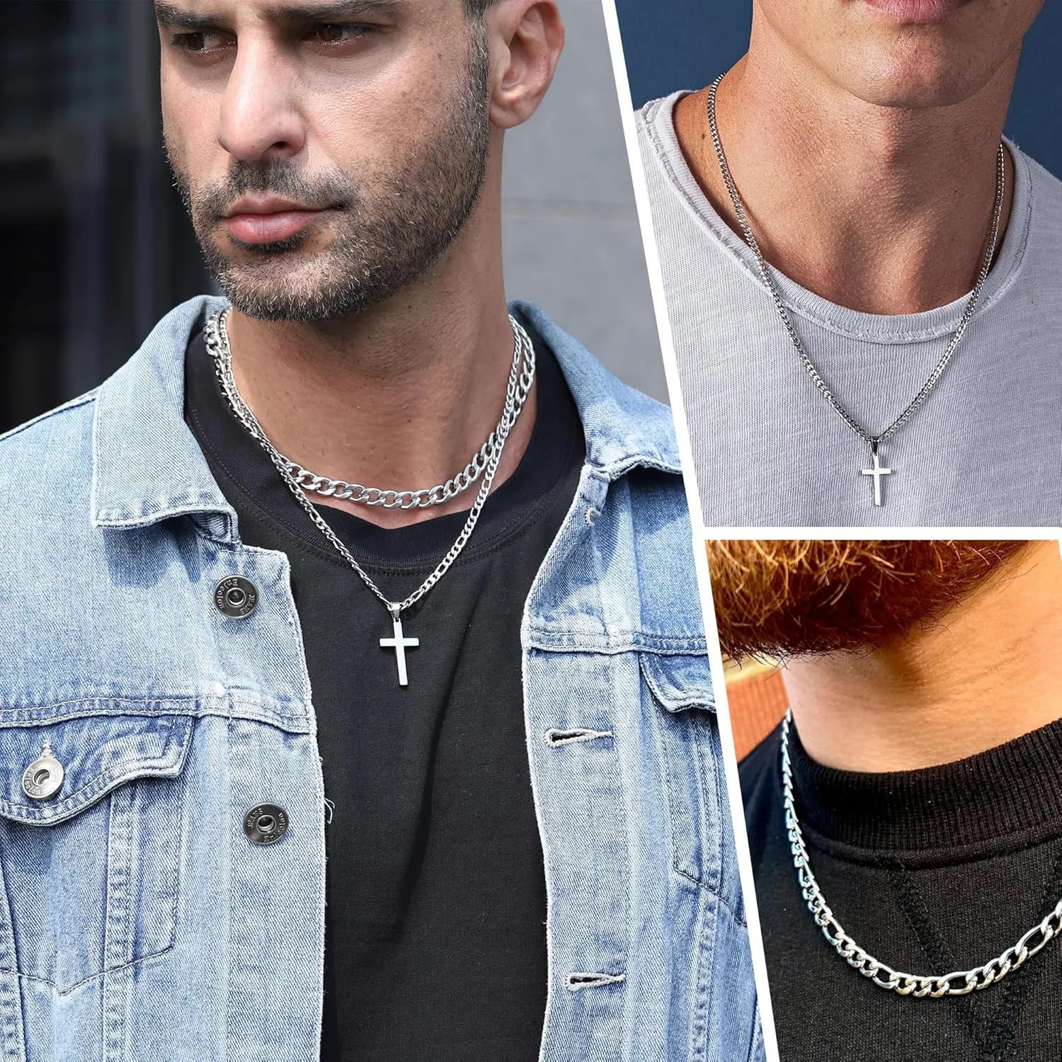 WEDDINEN Cross Necklace for Men Boys, Stainless Steel Layered Cross Pendant Cuban/Figaro Chains Christmas Jewelry Gifts