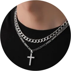WEDDINEN Cross Necklace for Men Boys, Stainless Steel Layered Cross Pendant Cuban/Figaro Chains Christmas Jewelry Gifts