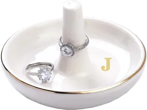 Wedding Ring Holder Dish Initial J, Birthday Gifts for Women Friends Sisters, Engagement Wedding Gifts for Bride, Bridesmaid Gifts, Monogrammed Gifts for Women Girls Trendy Stuff Room Decor Aesthetic
