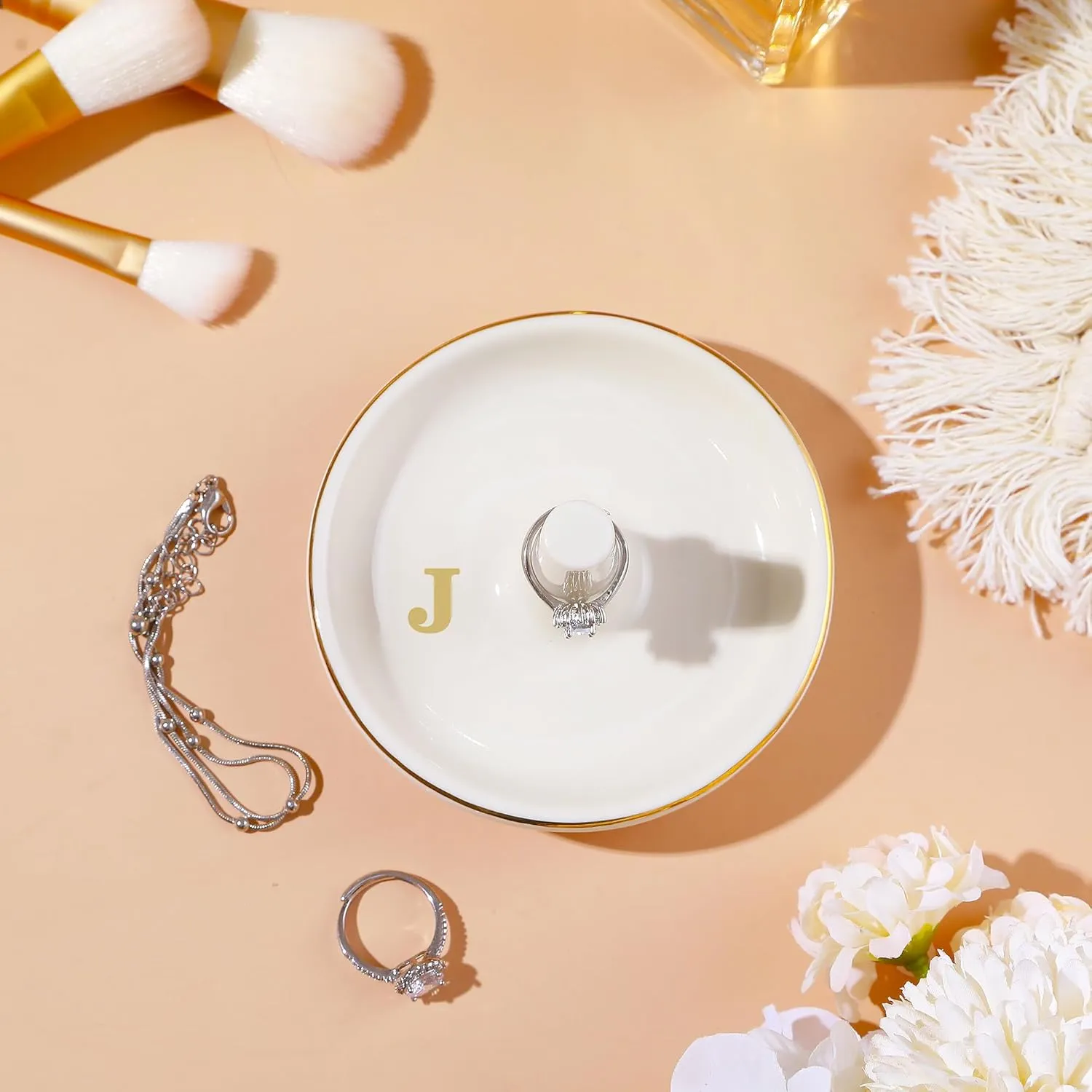 Wedding Ring Holder Dish Initial J, Birthday Gifts for Women Friends Sisters, Engagement Wedding Gifts for Bride, Bridesmaid Gifts, Monogrammed Gifts for Women Girls Trendy Stuff Room Decor Aesthetic