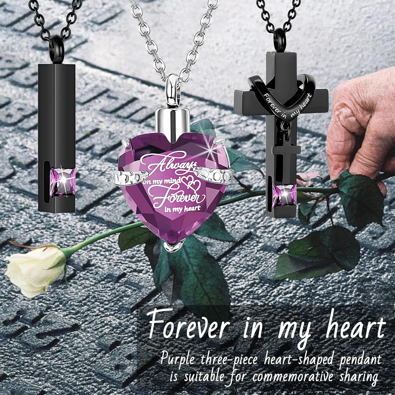 weikui 3 Pieces Heart Cross Cubic Urn Necklace for Ashes for Men Women Cremation Jewelry Crystal Memorial Locket Ashes Pendant Family Keepsake Sharing Jewelry Set