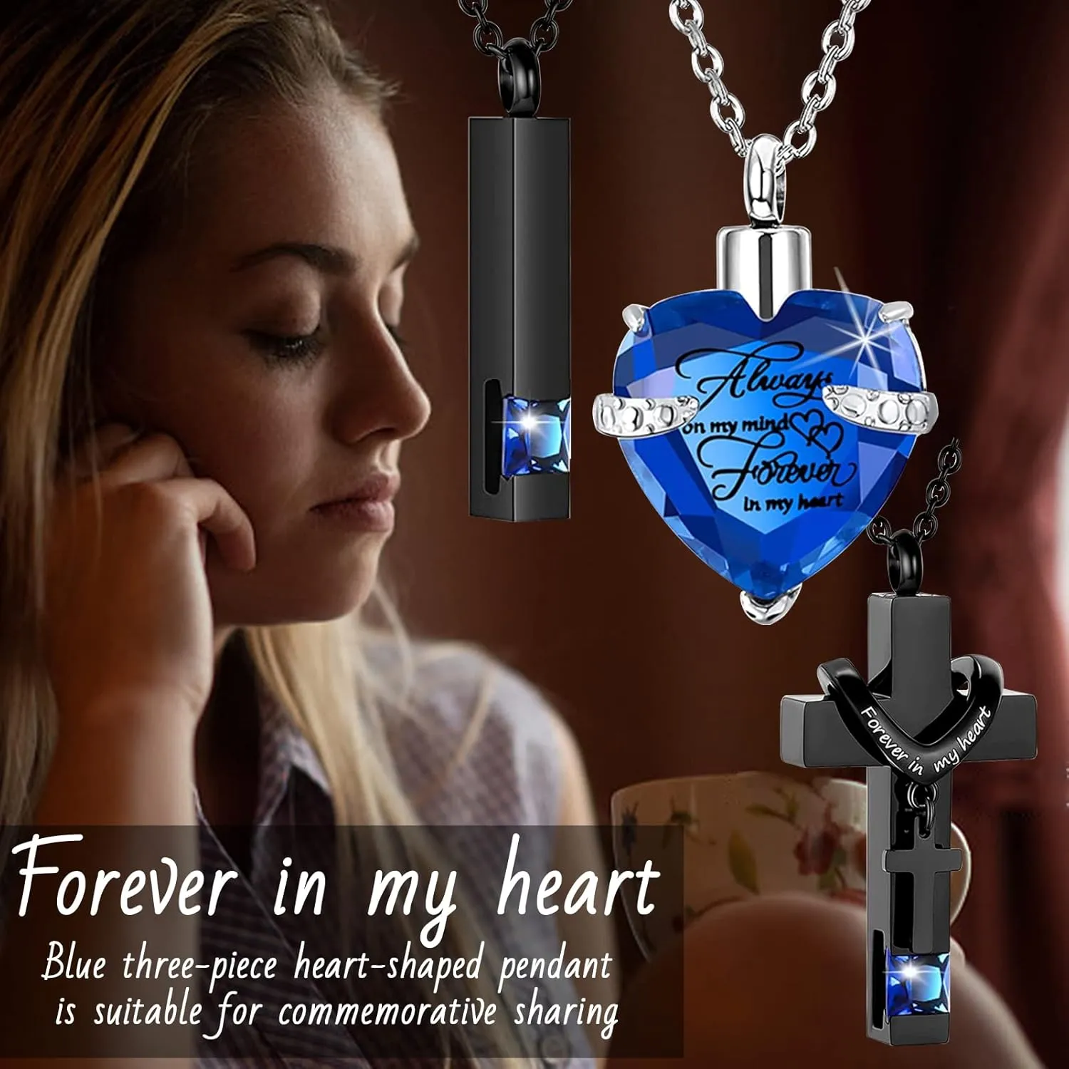 weikui 3 Pieces Heart Cross Cubic Urn Necklace for Ashes for Men Women Cremation Jewelry Crystal Memorial Locket Ashes Pendant Family Keepsake Sharing Jewelry Set