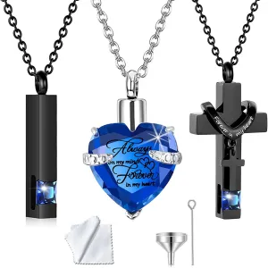weikui 3 Pieces Heart Cross Cubic Urn Necklace for Ashes for Men Women Cremation Jewelry Crystal Memorial Locket Ashes Pendant Family Keepsake Sharing Jewelry Set
