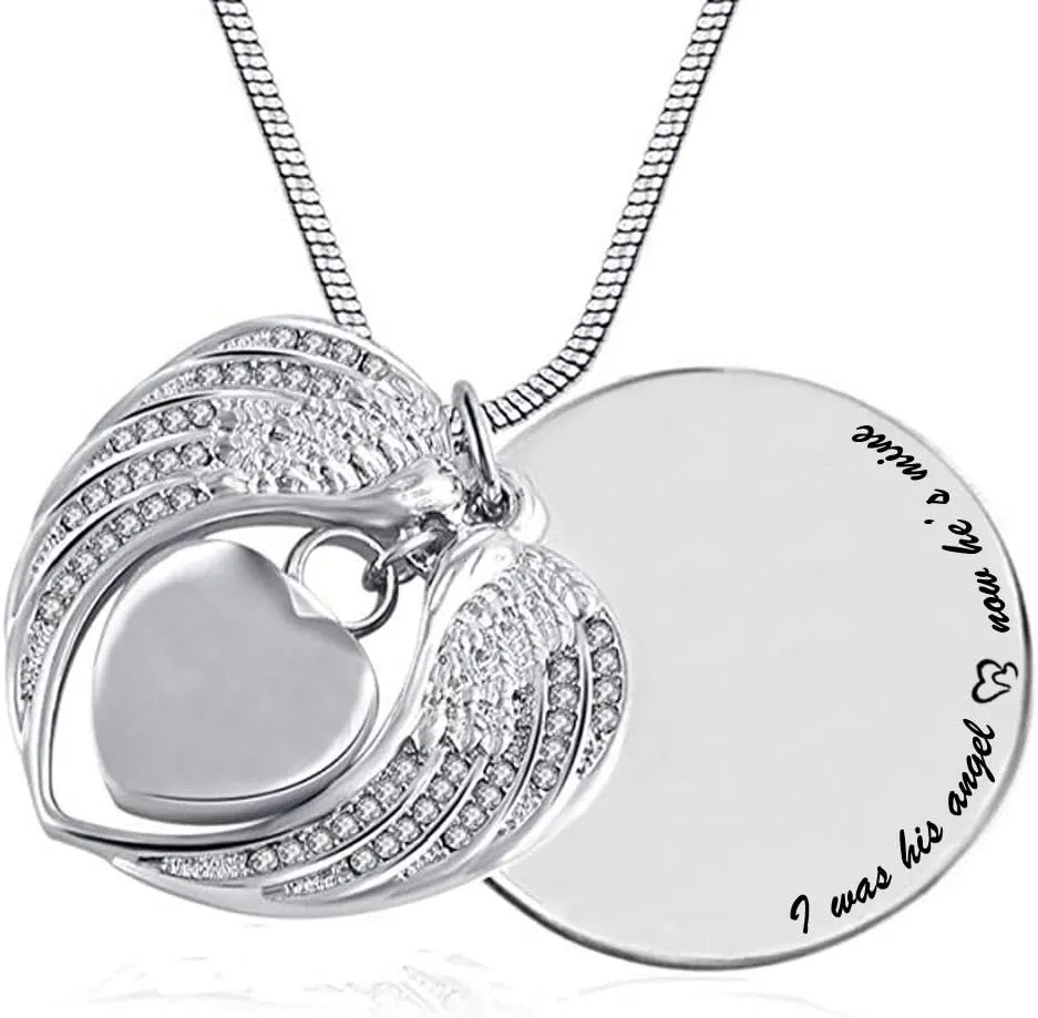 weikui Grandma Angel Wing Urn Necklace for Ashes Mom Dad Grandma Cremation Jewelry Keepsake Memorial Pendant, I was His/Her Angel Now He's/She's Mine