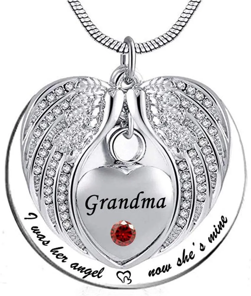 weikui Grandma Angel Wing Urn Necklace for Ashes Mom Dad Grandma Cremation Jewelry Keepsake Memorial Pendant, I was His/Her Angel Now He's/She's Mine