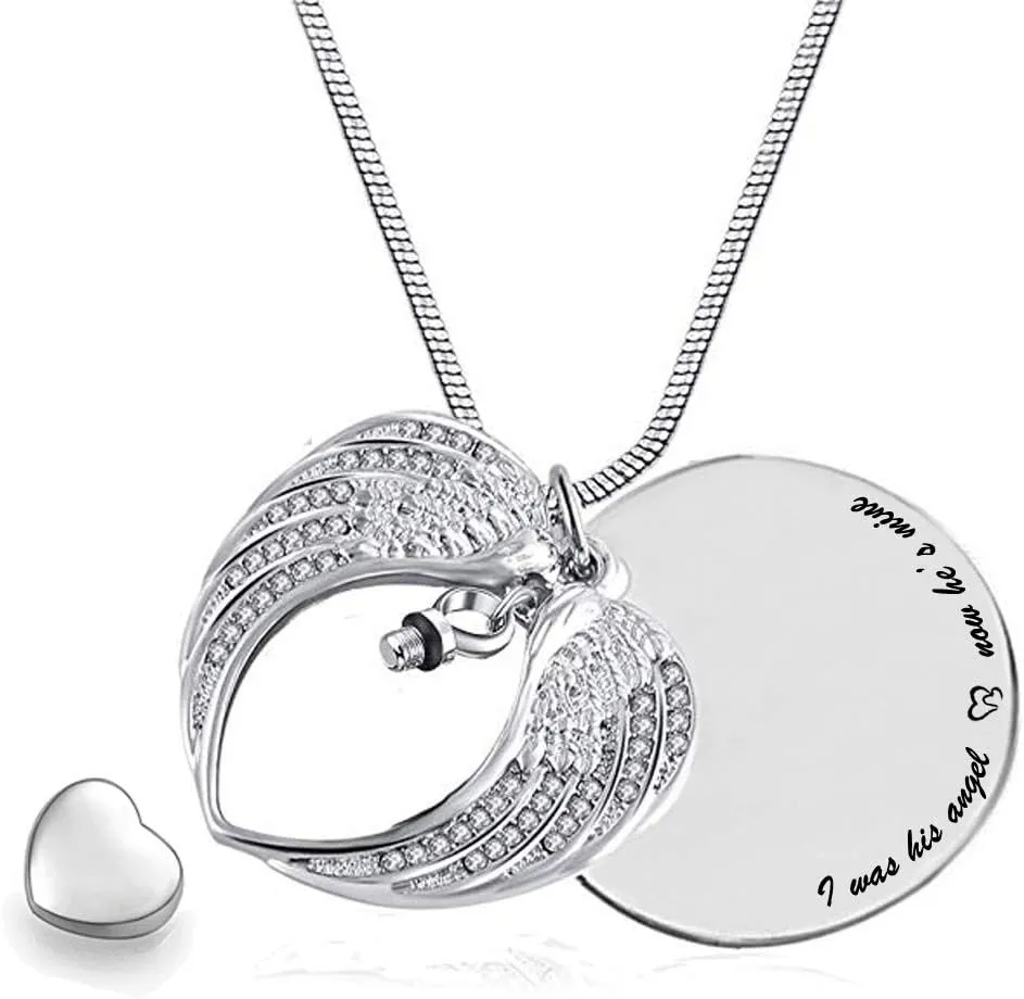 weikui Grandma Angel Wing Urn Necklace for Ashes Mom Dad Grandma Cremation Jewelry Keepsake Memorial Pendant, I was His/Her Angel Now He's/She's Mine