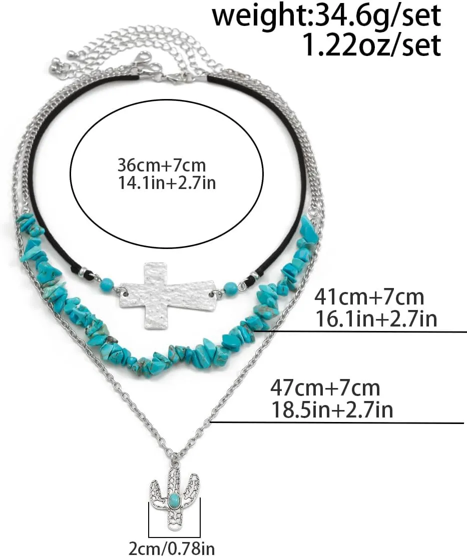 Western Turquoise Layered Chain Necklaces Brown Suede Choker Necklace Set Boho Jewelry Gifts for Women Cowgirls