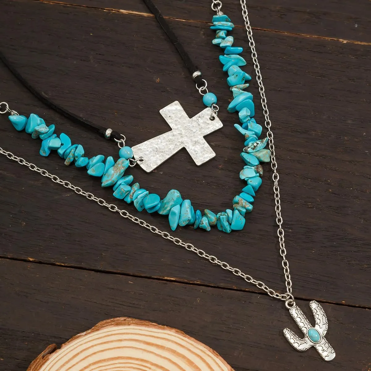 Western Turquoise Layered Chain Necklaces Brown Suede Choker Necklace Set Boho Jewelry Gifts for Women Cowgirls