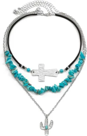 Western Turquoise Layered Chain Necklaces Brown Suede Choker Necklace Set Boho Jewelry Gifts for Women Cowgirls