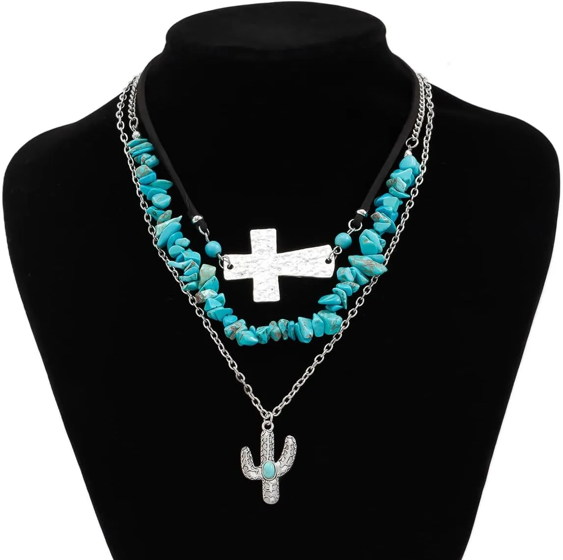 Western Turquoise Layered Chain Necklaces Brown Suede Choker Necklace Set Boho Jewelry Gifts for Women Cowgirls