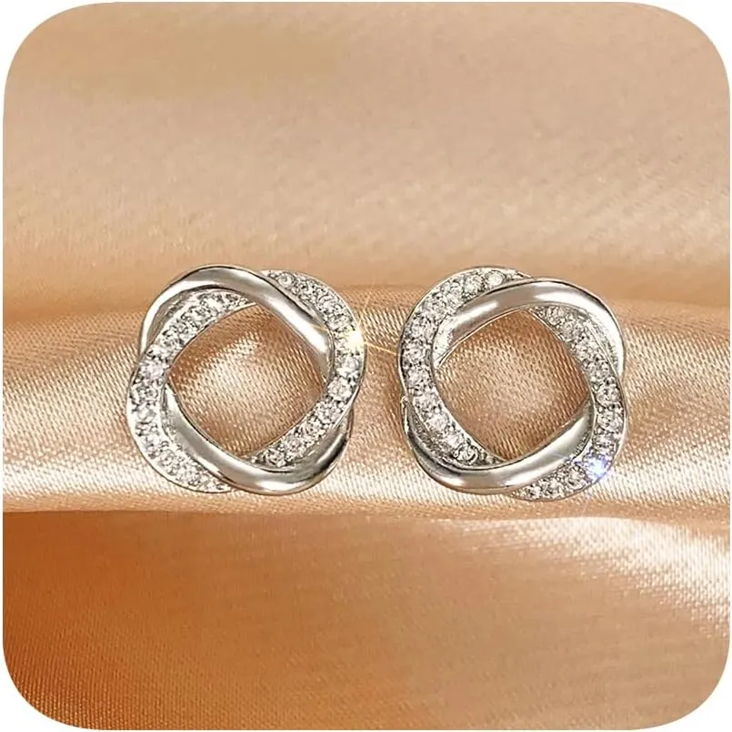 White Gold Plated Love Knot Stud Earrings for Women 925 Plated Silver Small Knot Earrings Statement Black Cubic Zirconia Stud Earrings Trendy Jewelry Silver