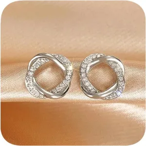 White Gold Plated Love Knot Stud Earrings for Women 925 Plated Silver Small Knot Earrings Statement Black Cubic Zirconia Stud Earrings Trendy Jewelry Silver