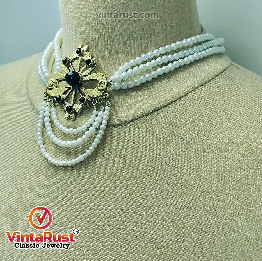 White Pearls Jewelry Set With Black Beads