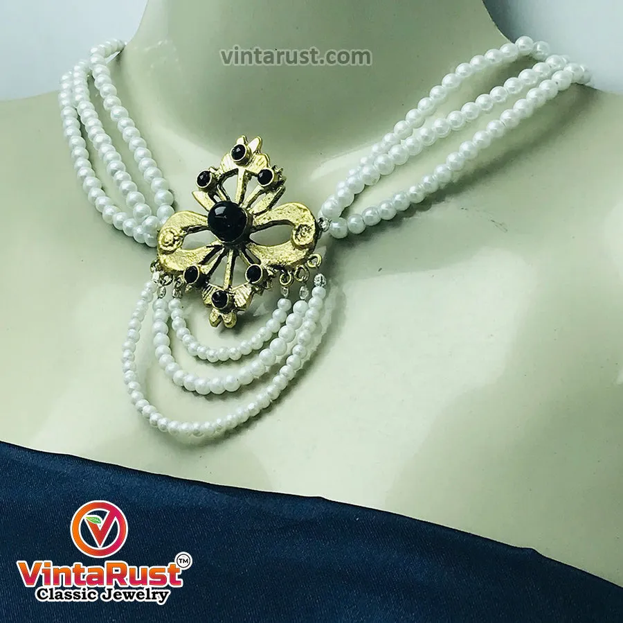 White Pearls Jewelry Set With Black Beads