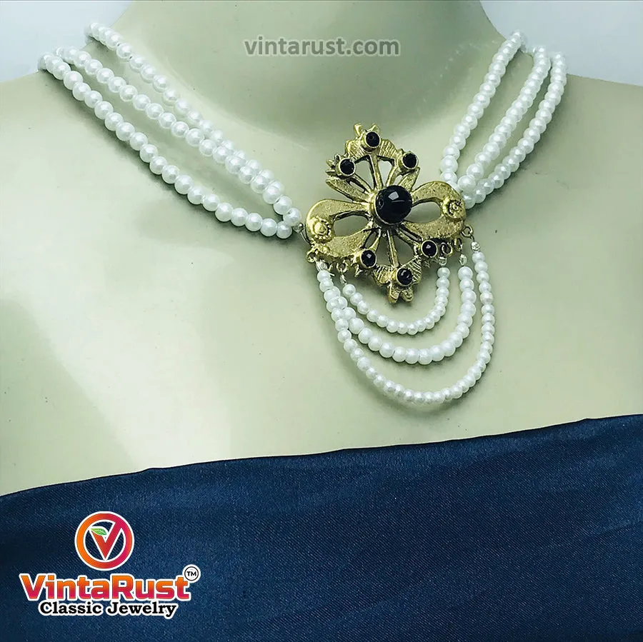 White Pearls Jewelry Set With Black Beads
