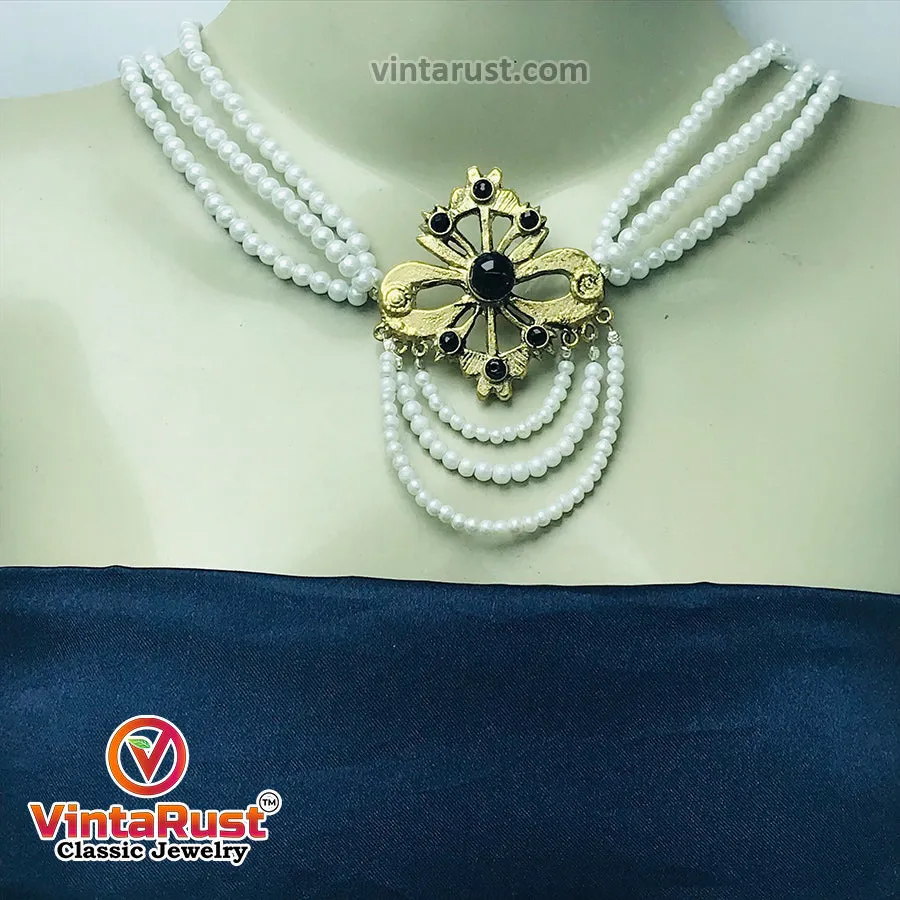 White Pearls Jewelry Set With Black Beads