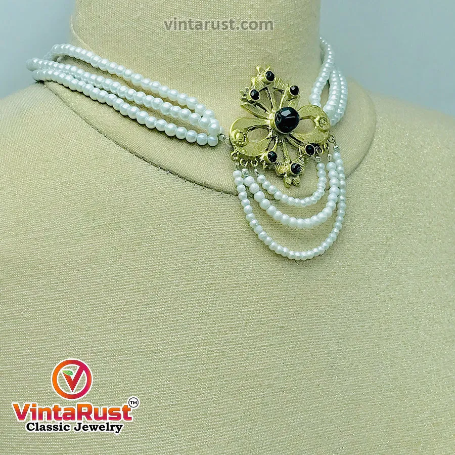 White Pearls Jewelry Set With Black Beads