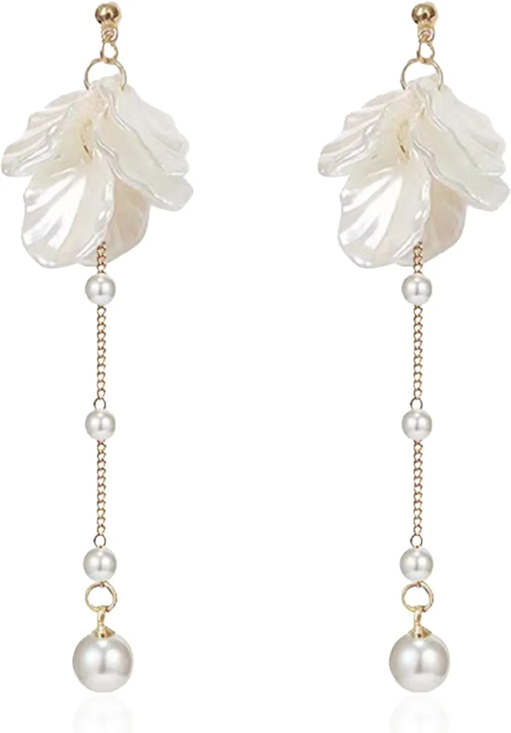White Pressed Flower Dangle Studs Earrings Golden Studs with Pearl like Drops Jewelry Gifts for Women Sparkle at Weddings Birthdays Christmas