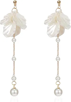 White Pressed Flower Dangle Studs Earrings Golden Studs with Pearl like Drops Jewelry Gifts for Women Sparkle at Weddings Birthdays Christmas