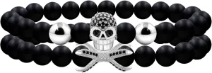 White/Black/Gold/Rose Gold Plated Zircon Skull Head Bracelets 8mm Black Agate Beads 2ps Stacked Elastic Bracelet for Men Halloween Fathers Day Jewelry Gifts YA4723