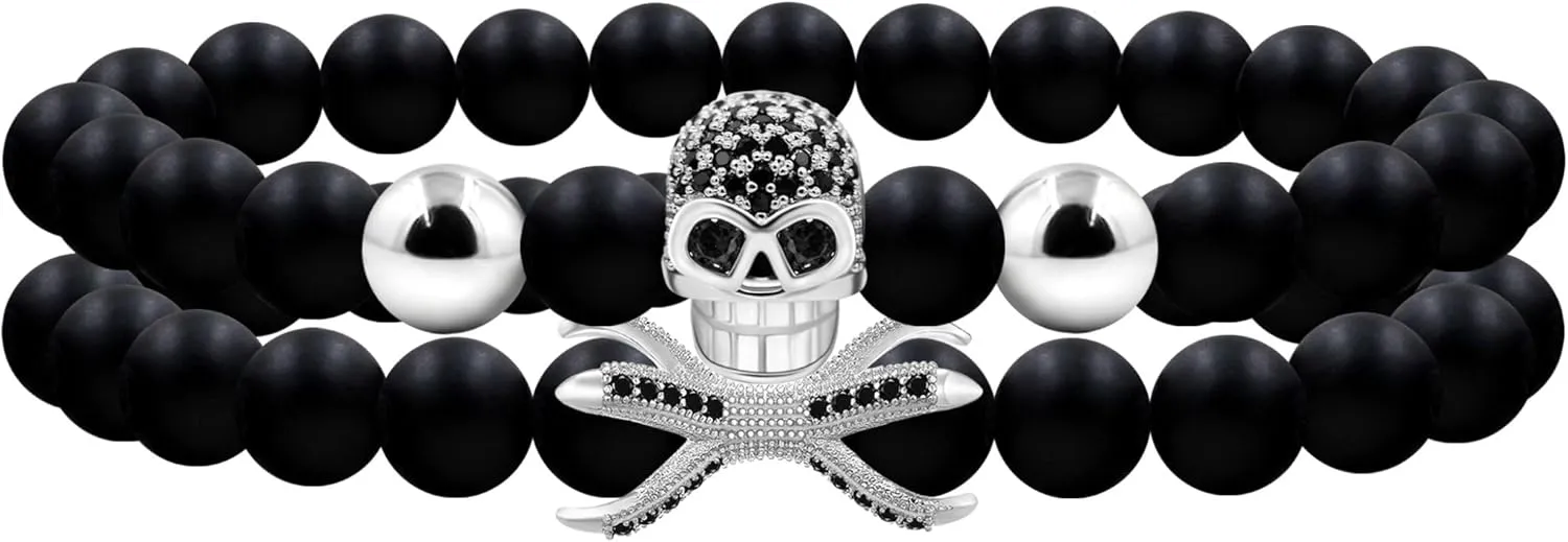 White/Black/Gold/Rose Gold Plated Zircon Skull Head Bracelets 8mm Black Agate Beads 2ps Stacked Elastic Bracelet for Men Halloween Fathers Day Jewelry Gifts YA4723