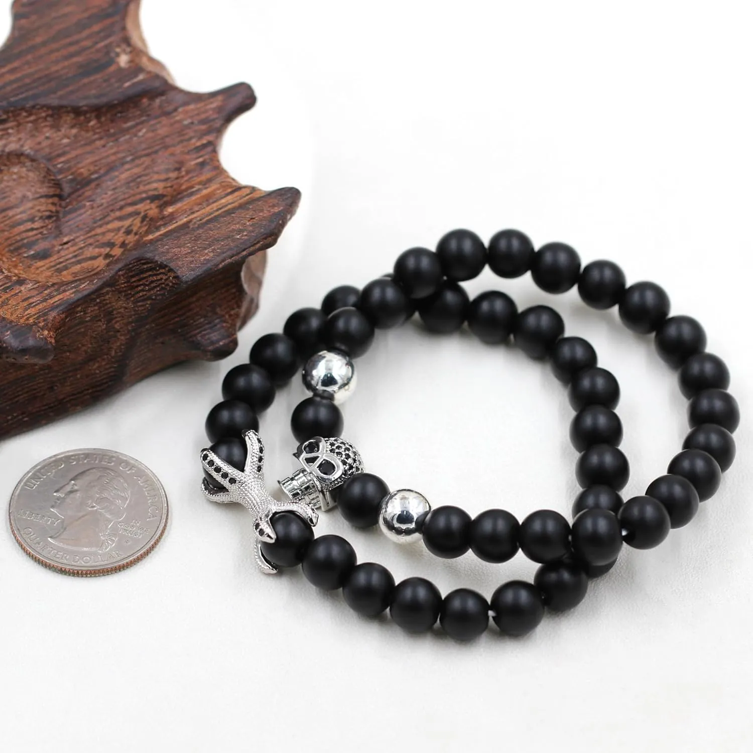 White/Black/Gold/Rose Gold Plated Zircon Skull Head Bracelets 8mm Black Agate Beads 2ps Stacked Elastic Bracelet for Men Halloween Fathers Day Jewelry Gifts YA4723