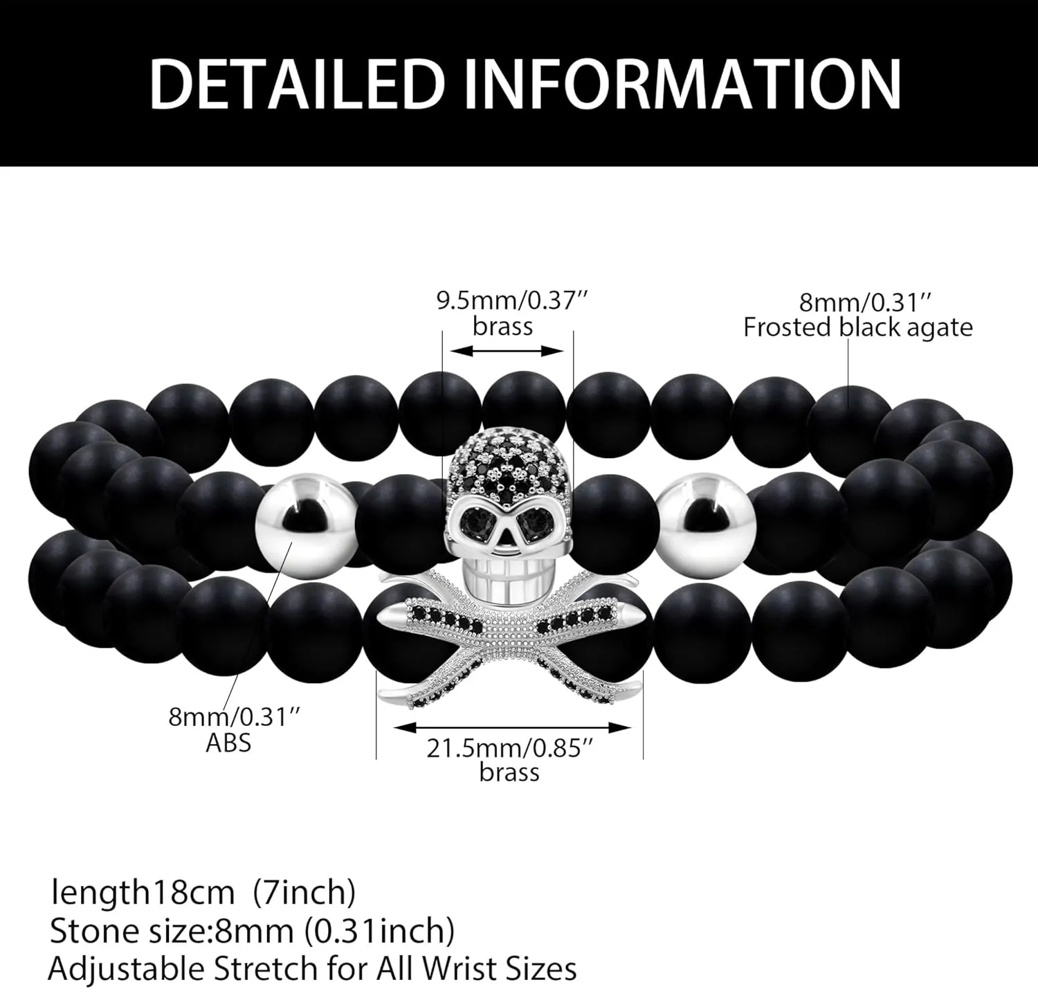 White/Black/Gold/Rose Gold Plated Zircon Skull Head Bracelets 8mm Black Agate Beads 2ps Stacked Elastic Bracelet for Men Halloween Fathers Day Jewelry Gifts YA4723