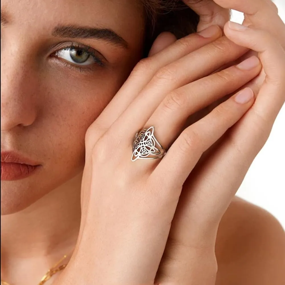 Witches Knot Ring for Women Stainless Steel Witchcraft Celtic Amulet Ring Quaternary Celtic Knot Ring Vintage Jewelry Gift for Women