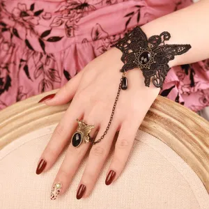 Wiwpar Black Butterfly Lace Bracelet with Ring Bangle Bracelet Gemstone Teardrop Harness Bracelet Vintage Wristband Wedding Prom Festival Hand Chain Jewelry for Women Girls (Style3)