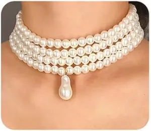 Wiwpar Round Imitation Pearl Choker Necklace Vintage Multi Strands Pearl Pendant Necklace 20s Flapper Necklace for Women